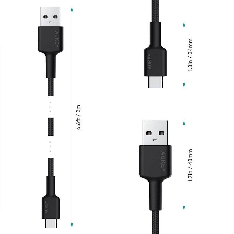 Aukey CB-CA2 OEM USB-C-auf-USB-A-Kabel, Nylongeflecht, 2 m, schwarz