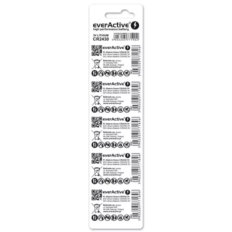everActive CR2430 CR24305BL Lithium-Knopfzelle 3 V, 300 mAh, 5er-Pack