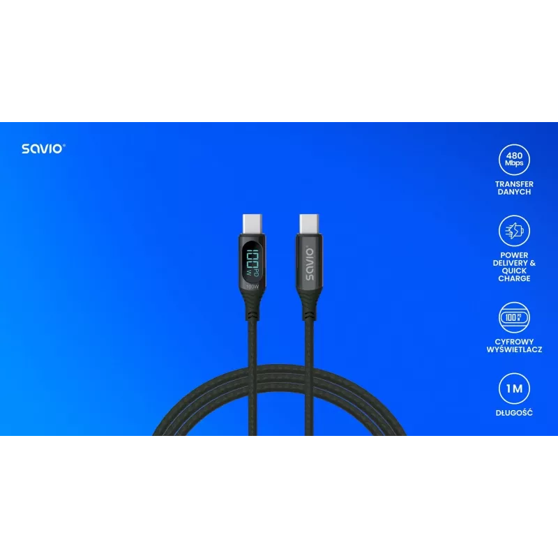 Savio CL-174 USB-C-auf-USB-C-Kabel, 100 W, Power Delivery/Quick Charge, digitale Anzeige, 1 m, grün