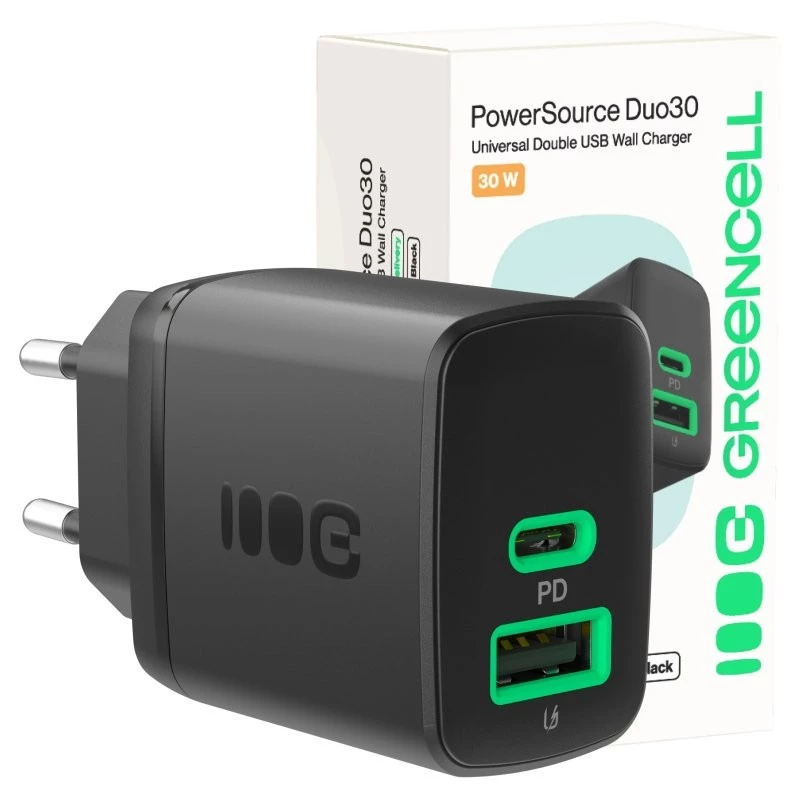 Ladegerät Green Cell PowerSource Duo30 – 1× USB-A, 1× USB-C, 3A