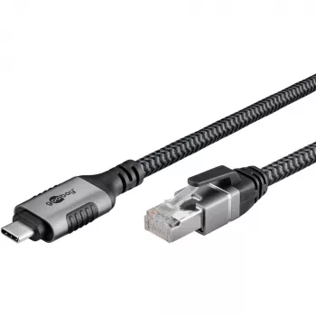 Ethernet-Kabel USB-C 3.2 Gen2 Stecker > RJ-45 Stecker, LAN-Adapter schwarz/Silber, 3 Meter, geflochtenes Textilmantel