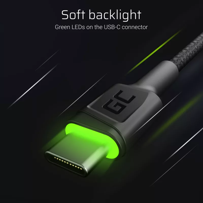 Green Cell Ray KABGCSET02 USB-A-auf-USB-C-Kabelset (3 Stk.), 1,2 m, 480 Mbit/s, grüne LED-Beleuchtung