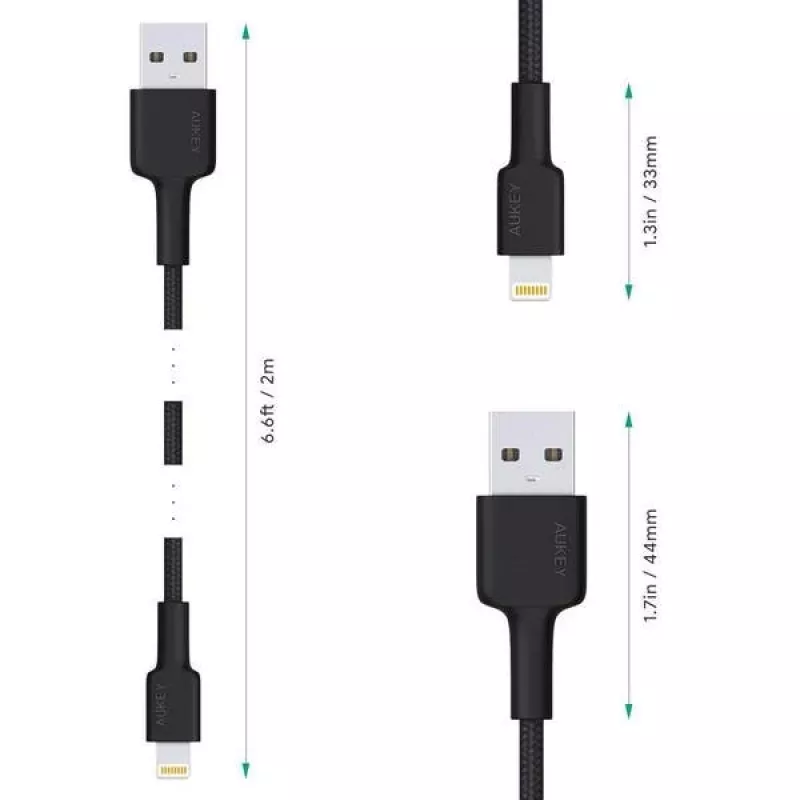 AUKEY CB-AL05 Lightning-auf-USB-A-MFi-Nylonkabel, 2 m, Schwarz