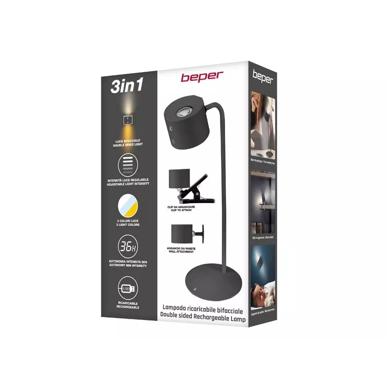 Beper P201UTP304 aufladbare LED-Lampe mit magnetischem Fuß, Klemme und Wandhalterung, 2,3 W, dimmbar, schwarz