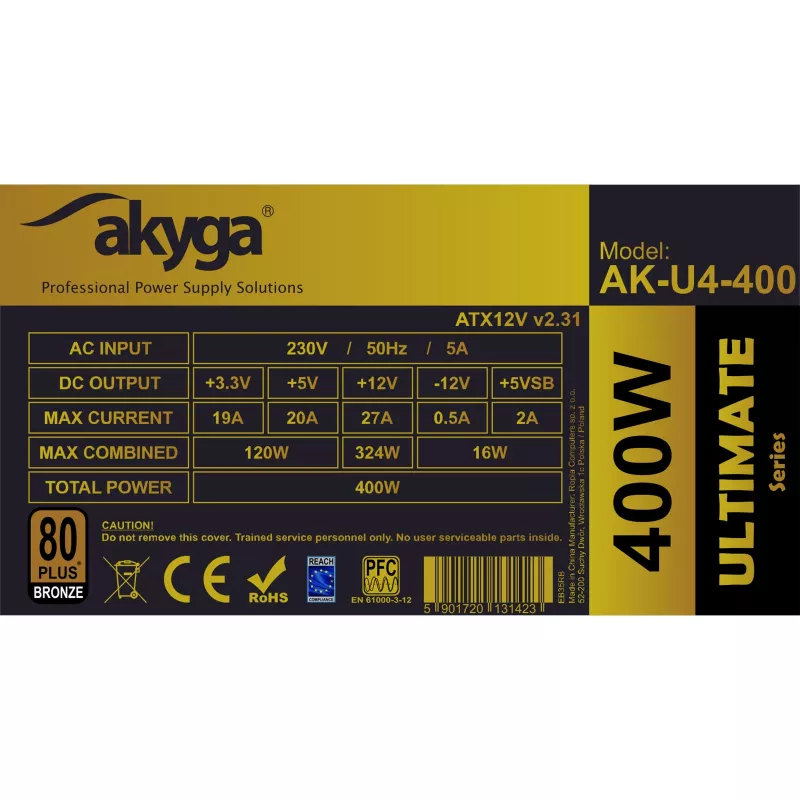 Akyga AK-U4-400 Ultimate 400 W ATX-Netzteil, 80 PLUS Bronze, aktive PFC, 120-mm-Lüfter