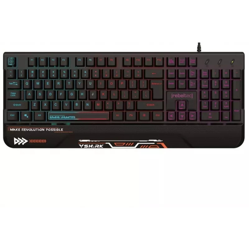 Rebeltec SHARK Gaming-Tastatur in voller Größe, RGB, integrierte Handballenauflage, wasserdicht