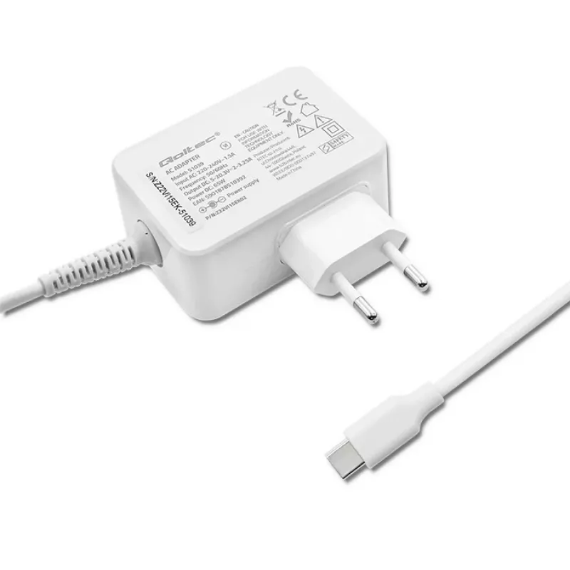 Qoltec 51039 65 W USB-C-PD-Netzteil, 5–20,3 V, 2–3,25 A, integriertes USB-C-Kabel, Weiß