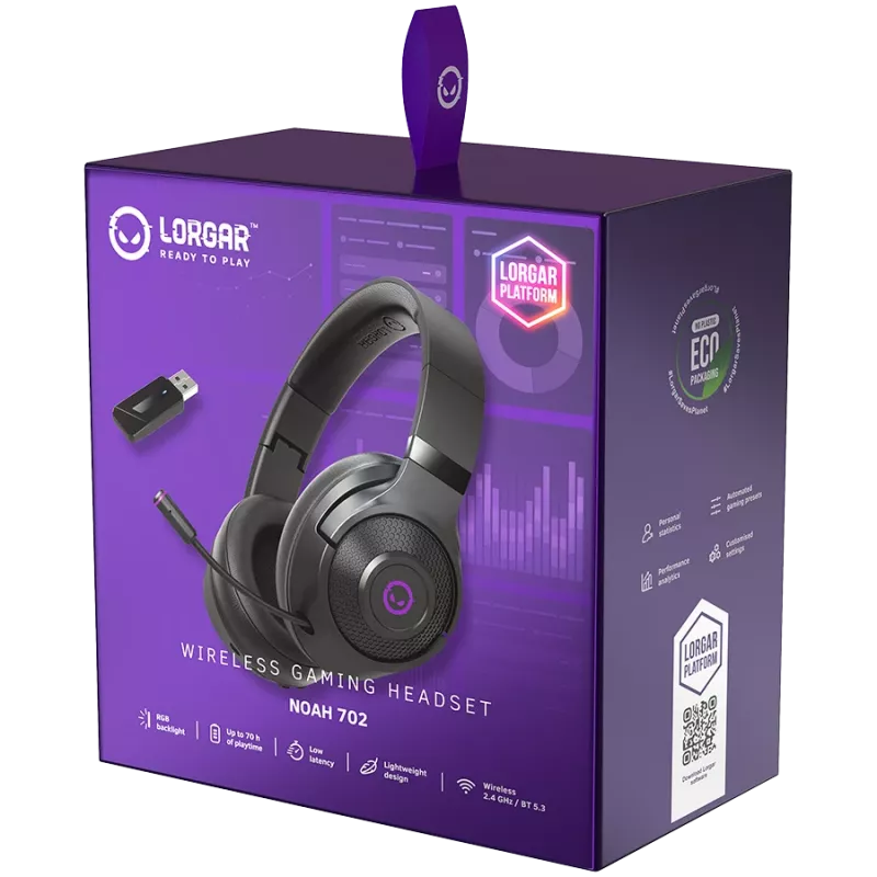 Lorgar Noah 702 (LRG-GHS702) kabelloses Gaming-Headset, Bluetooth 5.3, USB-Empfänger, 3,5 mm AUX, 40-mm-Treiber, 1000 mAh, RGB, Schwarz