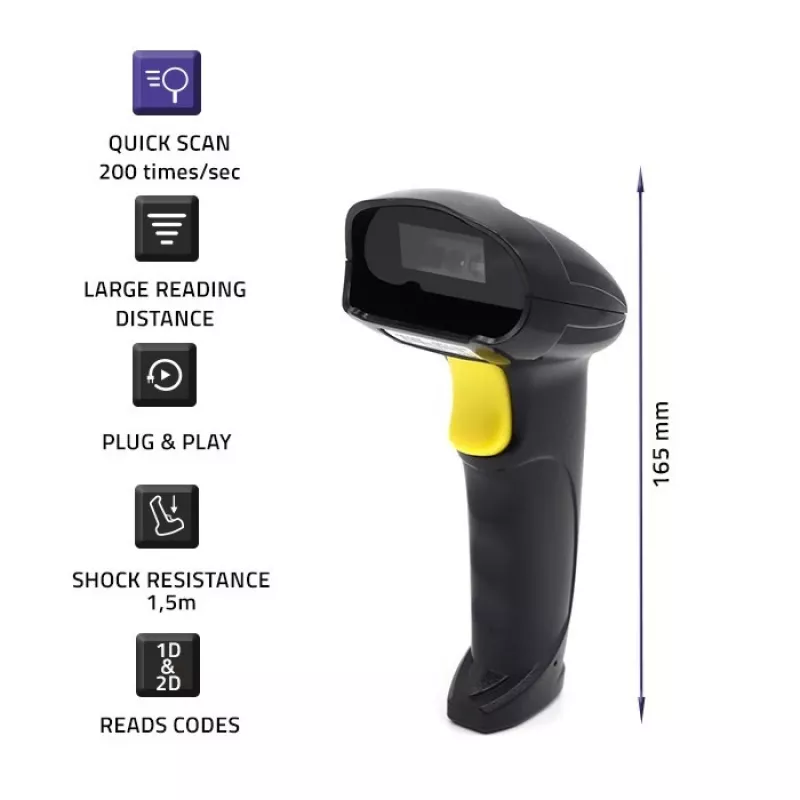 Qoltec 50853 Hand-Laser-Barcodescanner 1D/2D, kabelgebunden USB, 1,65 m Kabel, 97x65x167 mm, 105 g, Schwarz