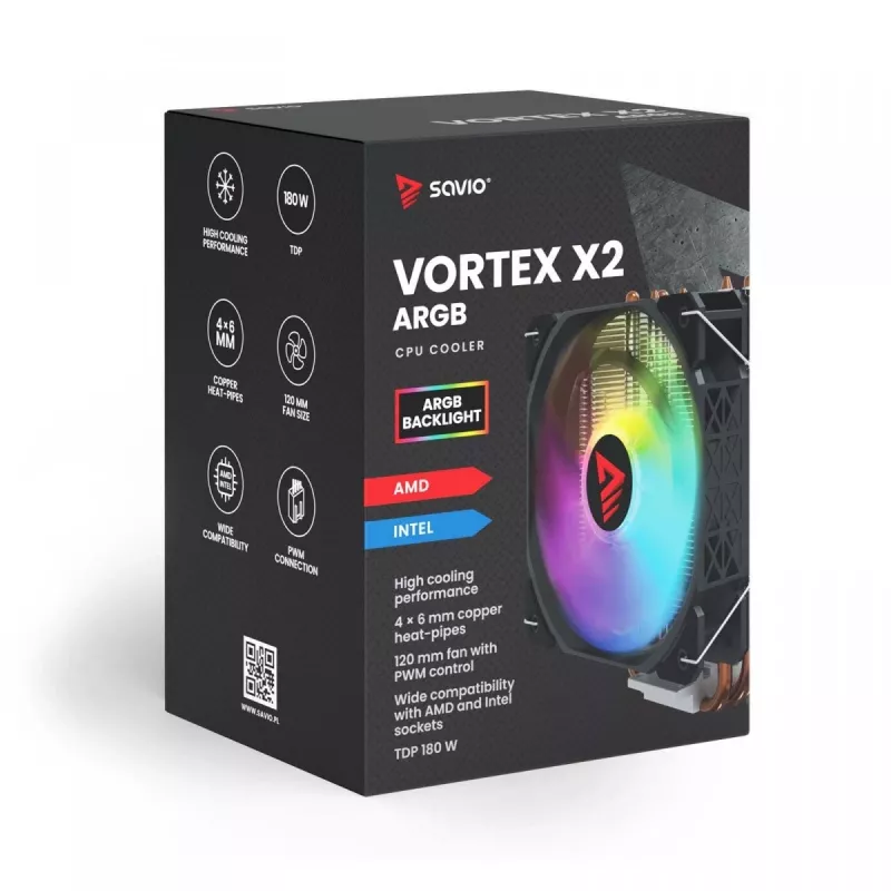 CPU-Luftkühler SAVIO SAVGCOVORTEXX2ARGB mit 4 Heatpipes, 120-mm-ARGB-Lüfter, schwarz