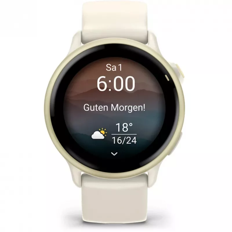 Garmin vívoactive 6 Smartwatch 42 mm, 1,2" AMOLED 390 x 390, Touchscreen, GPS, WLAN, 8 GB, Aluminiumgehäuse Lunar Gold, Silikonarmband Bone
