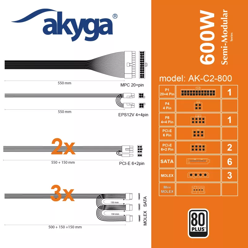 Akyga AK-C2-800 Classic 800 W ATX-Netzteil, teilmodular, aktive PFC, 120-mm-Lüfter