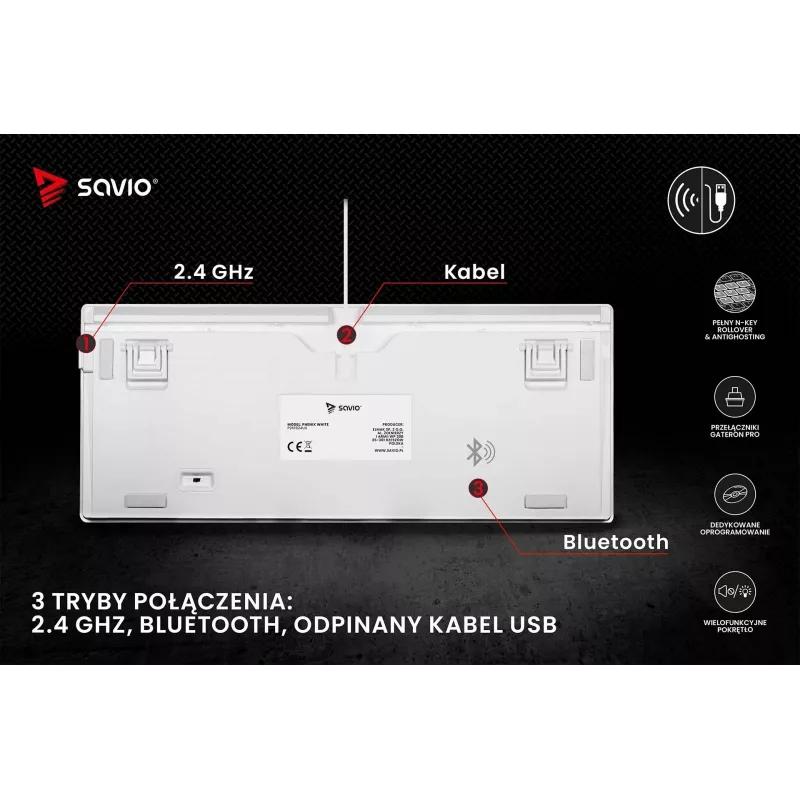 Gaming-Tastatur Savio Phenix WHITE GAT RED PUD Kabelgebunden Kabellos USB Bluetooth RGB LED