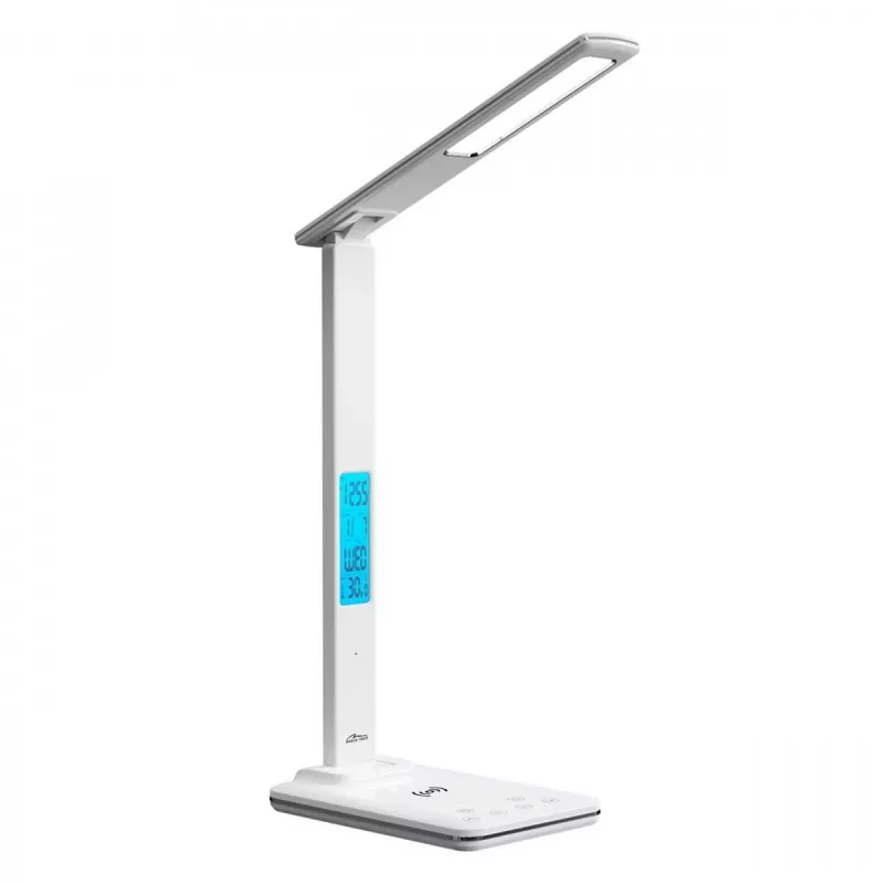 Media-Tech MT222 Leditou LED-Schreibtischlampe mit 15-W-Qi-Ladestation, Uhr, Wecker, Thermometer, weiß