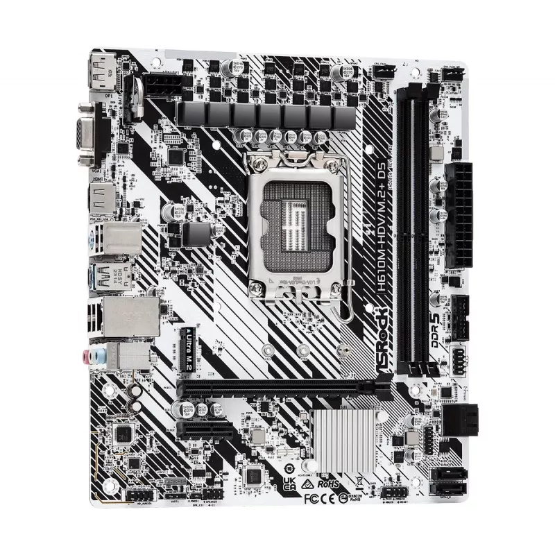 ASRock H610M-HDV/M.2+ D5 Mainboard, Intel H610, LGA 1700, Micro-ATX, 2x DDR5 DIMM (max. 96 GB), PCIe 4.0 x16, 1x M.2, 4x SATA III, HDMI, DisplayPort, VGA, USB-C 3.2 Gen 1, Gigabit-LAN