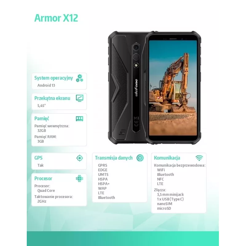 Robustes Smartphone UleFone Armor X12 — 3 GB RAM, 32 GB Speicher, Ganz in Schwarz
