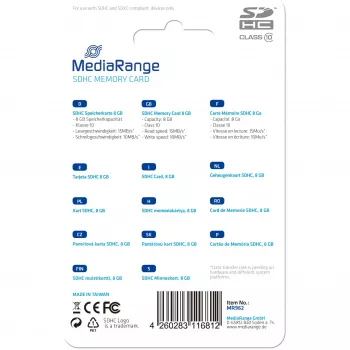 Memory Card MediaRange 8 GB SDHC Class 10 MR962