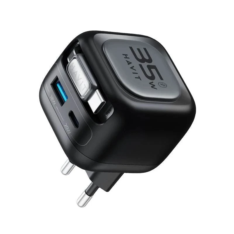 Havit UC250 A-EU GaN-Reiseladegerät mit ausziehbarem Kabel, schwarz