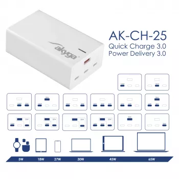 Akyga AK-CH-25 GaN-Tisch-USB-Ladegerät 140 W, 3 x USB-C PD + USB-A, Weiß