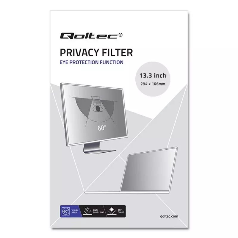 Qoltec 51050 Privacy-Filter für Display (13,3 inch) (11,59 inch, 16:9), Displayschutzfolie für Notebook