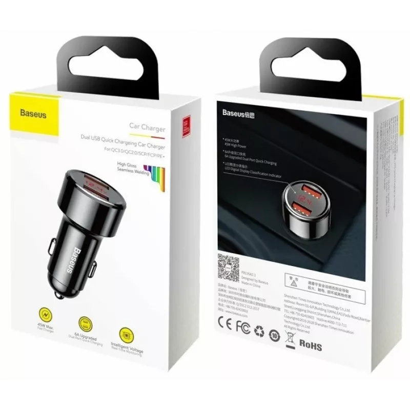 Baseus Magic CCMLC20A-01 Kfz-Ladegerät, 2x USB-A QC 3.0, 45 W, 6 A, Spannungsanzeige, schwarz