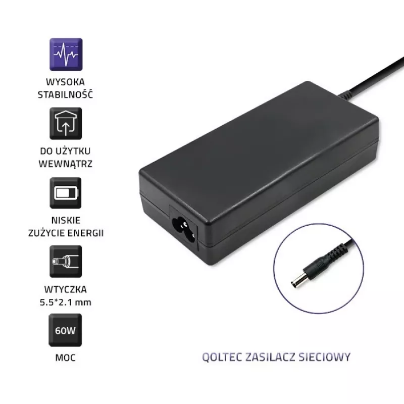 Qoltec 50797 Desktop-Netzteil 60 W, 12 V, 5 A, 5,5x2,1 mm, mit Netzkabel