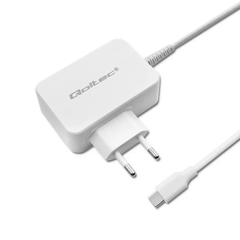 Qoltec 51039 65 W USB-C-PD-Netzteil, 5–20,3 V, 2–3,25 A, integriertes USB-C-Kabel, Weiß