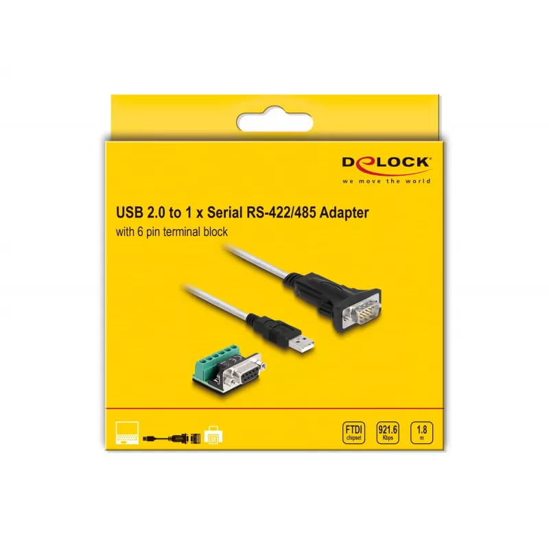 DeLOCK 63465 USB 2.0 Typ-A auf Seriell RS-422/485 Adapter, 6-Pin Terminalblock, 1,8 m, Schwarz/Transparent