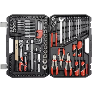 Mechaniker-Werkzeugset YATO YT-38901 — 122-teiliger Werkzeugsatz mit Steckschlüsseln (12–32 mm), Ratsche, Verlängerungen, Schraubendreher, Hammer, Zangen, Chrom-Finish