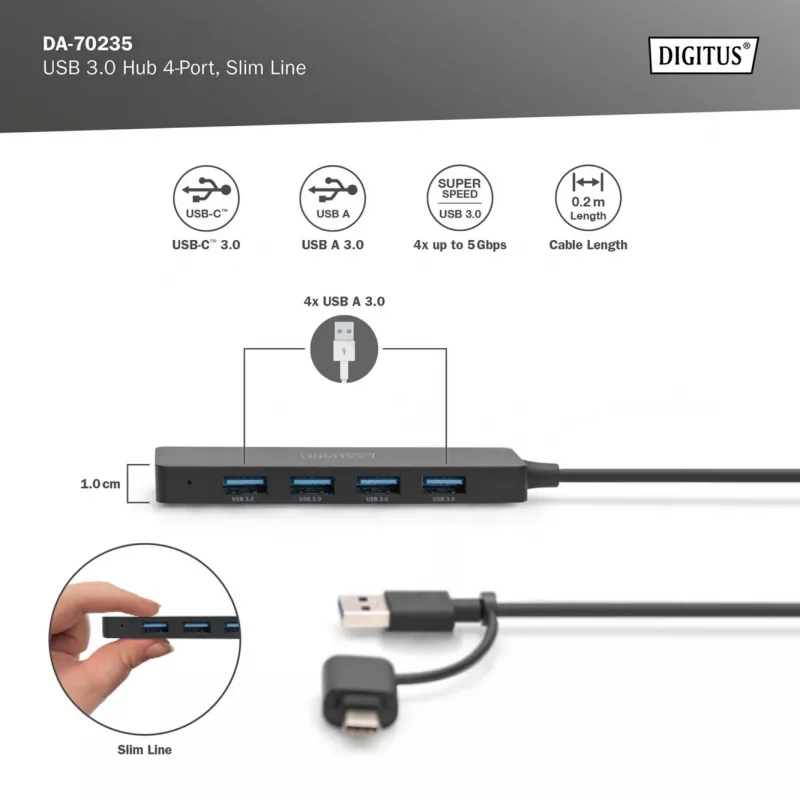 Digitus DA-70235 4-Port-USB-3.0-Hub Slim Line mit USB-C-Adapter, 5 Gbit/s