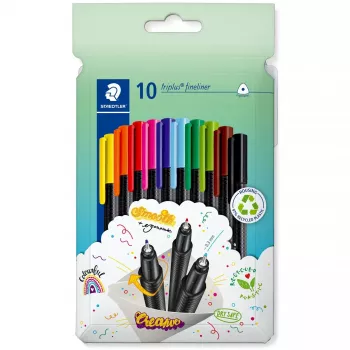 Fineliner-Stifte Staedtler 334 C10, superfeine 0,3 mm Spitze, 10 Farben (schwarz, blau, braun, grün, hellblau, hellgrün, orange, pink, rot, gelb)