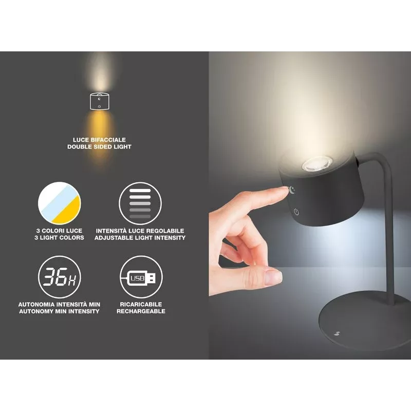 Beper P201UTP304 aufladbare LED-Lampe mit magnetischem Fuß, Klemme und Wandhalterung, 2,3 W, dimmbar, schwarz