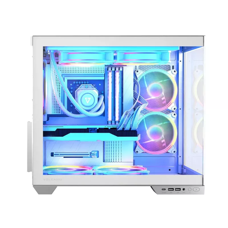 PC-Gehäuse MODECOM Volcano Panorama Midi Tower weiß — micro ATX, gehärtetes Glas, ARGB, USB-C, unterstützt GPU 400 mm