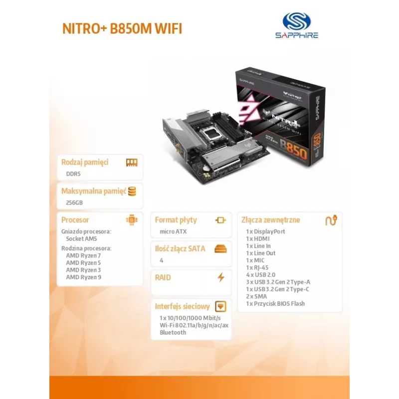 Motherboard Sapphire NITRO+ B850M WIFI — AMD B850, Sockel AM5, micro ATX, DDR5, 4x DIMM, Wi‑Fi 6, 2,5Gb LAN, 2x M.2