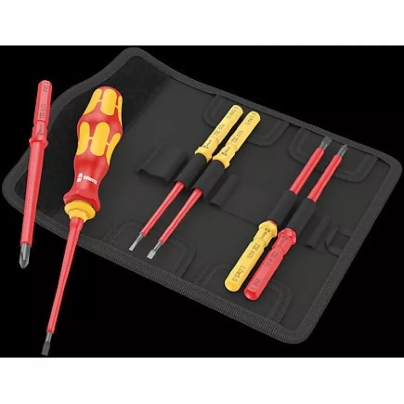 Wera 05006600001 Kraftform Kompakt VDE 7 Universal 1 Tool Finder Schraubendreher-Satz, 7-teilig, 817 VDE Kraftform-Wechselklingenhalter + 6 VDE-Wechselklingen, IEC 60900, mit Gürteltasche