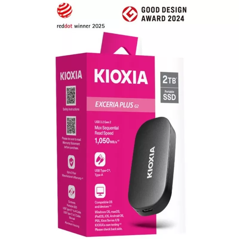 KIOXIA EXCERIA PLUS G2 portable SSD 2TB, USB 3.2 Gen 2 USB-C, Lesen bis zu 1050 MB/s, Schreiben 1000 MB/s, verschlüsselt, Schwarz