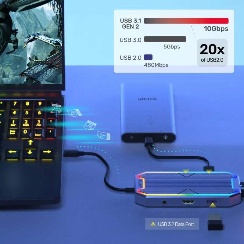 Unitek uHUB S7+ D1029A USB-C-Hub, USB 3.2 Gen 2 10 Gbps, HDMI 2.0, Gigabit-RJ45, 3,5-mm-Audio, 100 W, grau