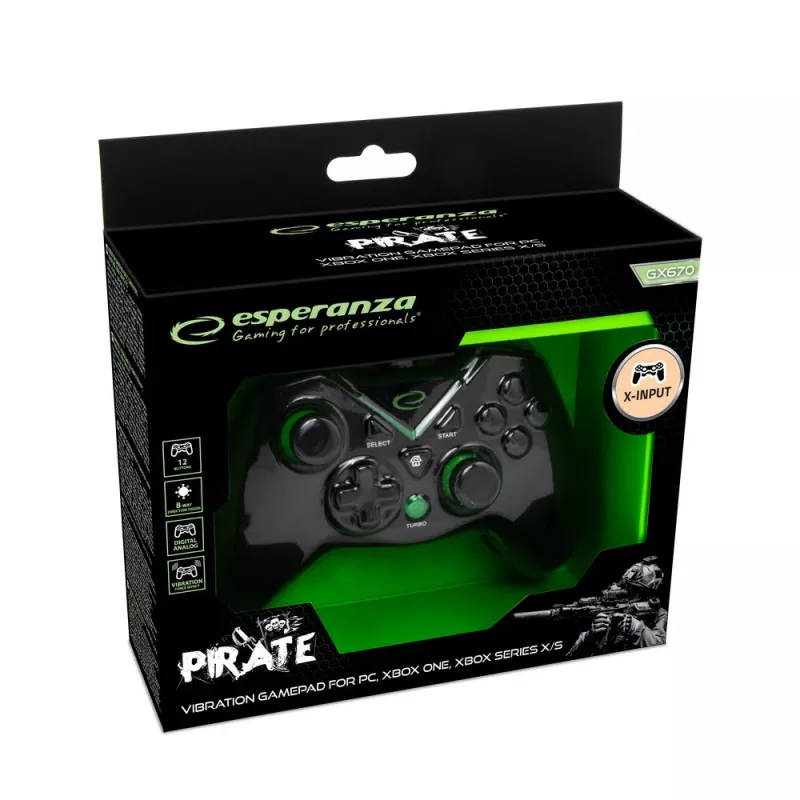 Esperanza EGG114K Pirate Gamepad, USB 2.0, analog/digital, für PC, Xbox One, Xbox Series X/S, schwarz