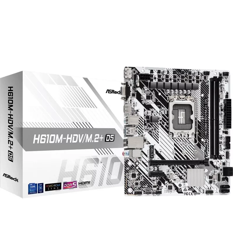 ASRock H610M-HDV/M.2+ D5 Mainboard, Intel H610, LGA 1700, Micro-ATX, 2x DDR5 DIMM (max. 96 GB), PCIe 4.0 x16, 1x M.2, 4x SATA III, HDMI, DisplayPort, VGA, USB-C 3.2 Gen 1, Gigabit-LAN