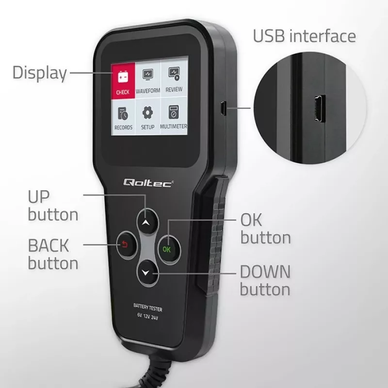 Qoltec 52489 digitaler Batterietester und -analysator 3-in-1 mit LCD, 6V / 12V / 24V, 30Ah-200Ah