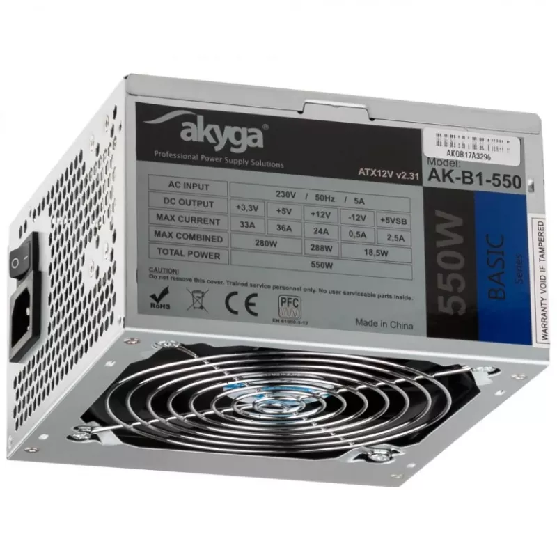 Akyga Basic AK-B1-550 ATX-Netzteil 550 W, 120-mm-Lüfter, passive PFC, Grau