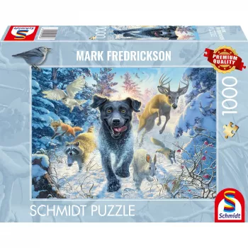 Mark Fredrickson: Hundeliebe – schwarzer Labrador im Schnee, Puzzle 1000 Teile