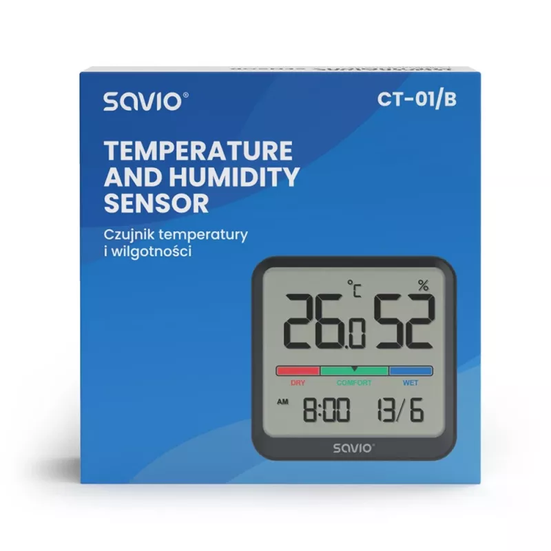 Savio CT-01/B kabelloser Temperatur- und Feuchtigkeitssensor für den Innenbereich, LCD, Uhr, Datum, Magnethalterung, schwarz