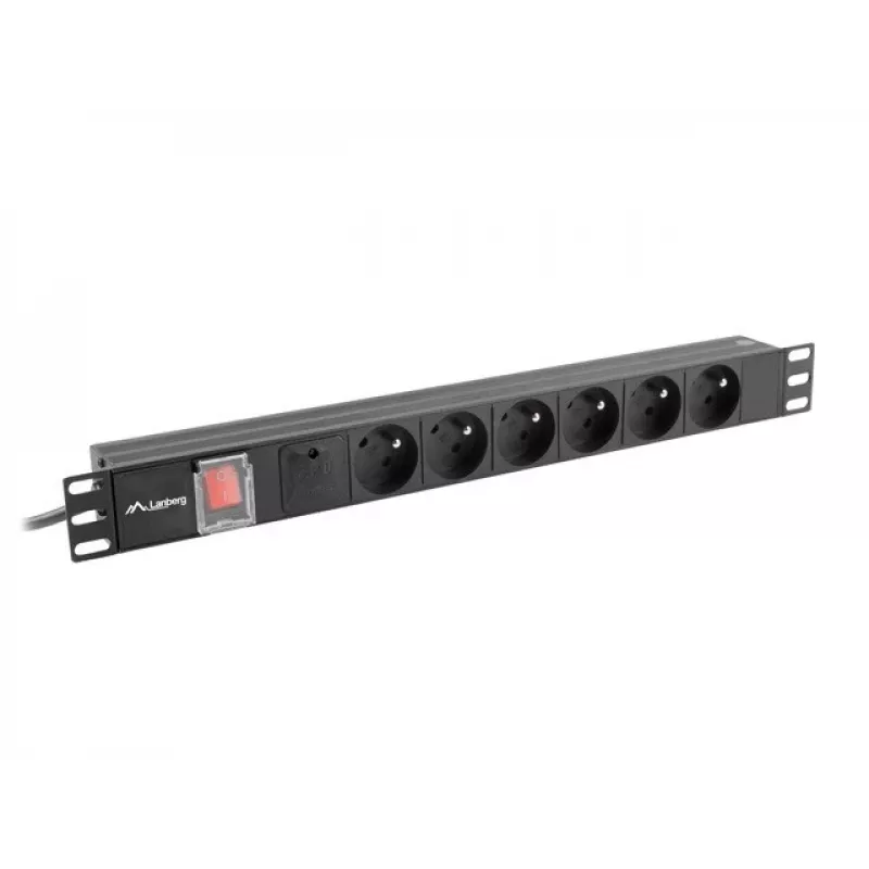 Stromverteilereinheit LANBERG PDU-06E-0200-BK — 6x Typ-E-Ausgänge, 16 A, 2 m Kabel, 1HE Rack, 220–250 V
