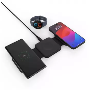 Kabelloses faltbares Ladegerät FIXED FIXFLE-SA-BK 3-in-1 für Samsung – kompaktes tragbares Ladegerät für Telefon, Ohrhörer, Wearables