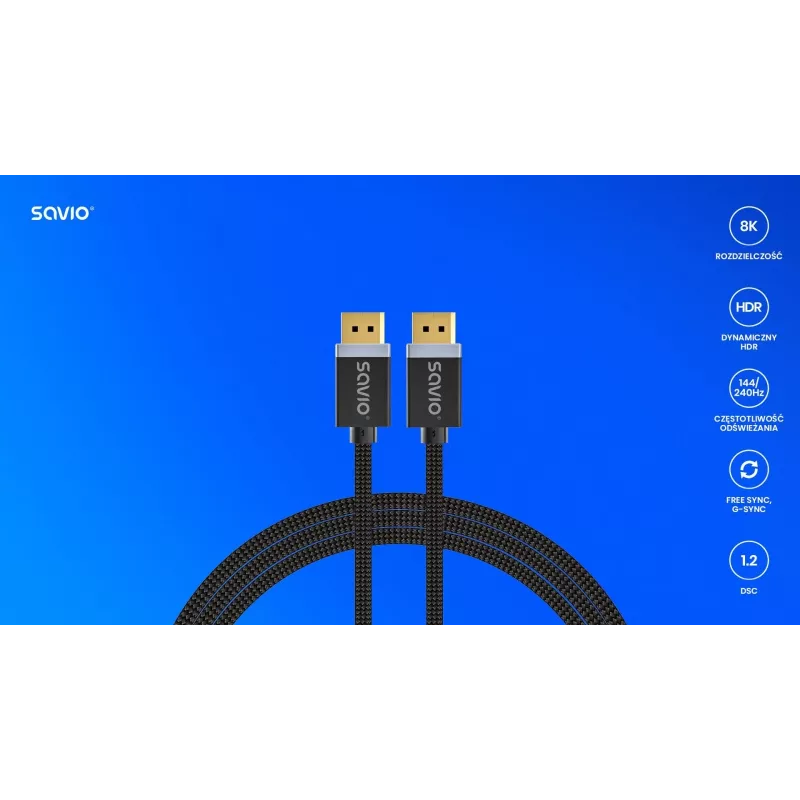 DisplayPort-Kabel SAVIO CL-166 2 m Schwarz – DisplayPort 1.4, Stecker-Stecker, vergoldete Kontakte