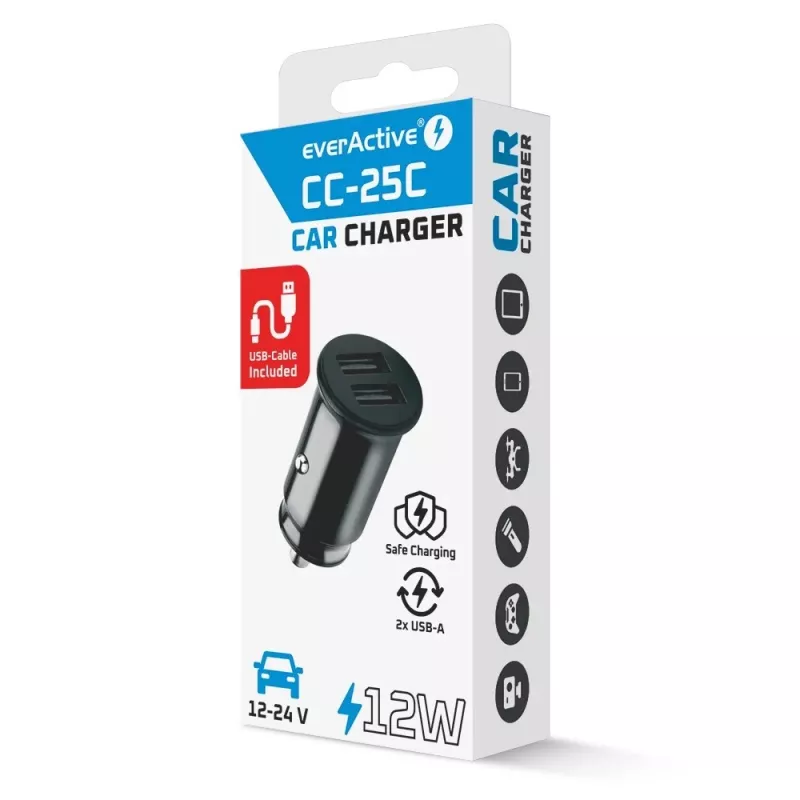 everActive CC-25C Kfz-Ladegerät, 2x USB 12 W, mit USB-C-Kabel
