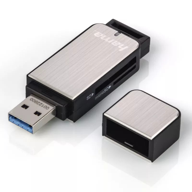 Hama 123900 USB-3.0-Kartenleser SD/microSD, Aluminium, schwarz/silber