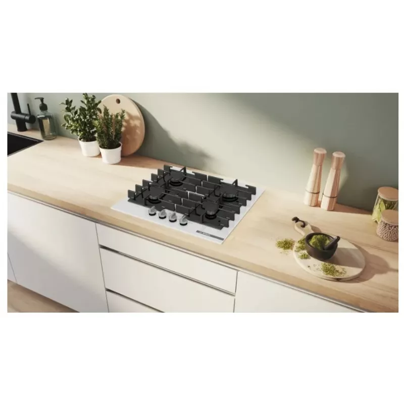 Eingebautes Gas-Kochfeld Bosch PPP6A2I40, 4 Zonen, Gusseisenroste, schwarz, 590×520×54 mm, Drehknopfsteuerung