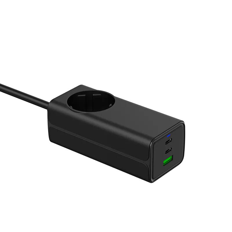 Akyga AK-CH-21 GaN-USB-Ladegerät 65 W, 2 x USB-C + USB-A, mit Steckdose, 1,5 m, Schwarz